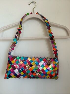Multicolor Woven Shoulder Bag - Recycled Patchwork Style